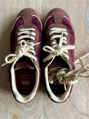ZARA Women's Burgundy and Brown Suede Low-Top Sneakers